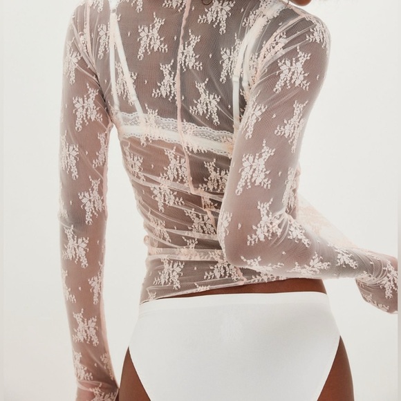 Tops Mesh w/ Lace Long Sleeve Mock Neck Sexy w/ Thumb Hole~ White or Cream - Picture 7 of 16